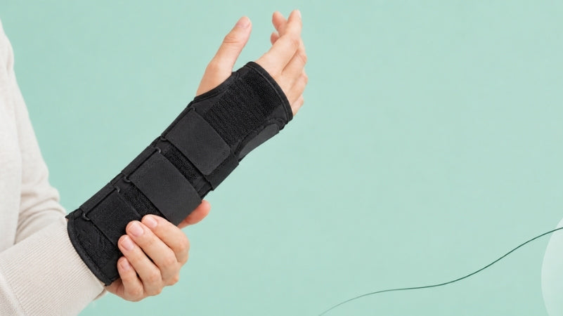 Persoon draagt een verlengde polsbrace ter ondersteuning van een overbelaste pols.