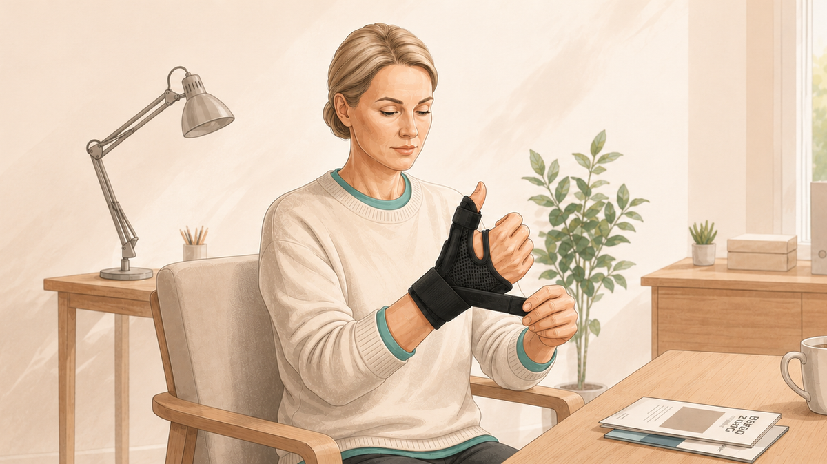 Vrouw die een zwarte duimbrace aanlegt aan haar rechterhand