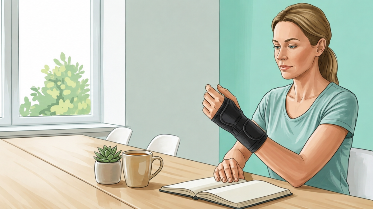 Vrouw aan tafel die een zwarte polsbrace omdoet en haar pols bekijkt
