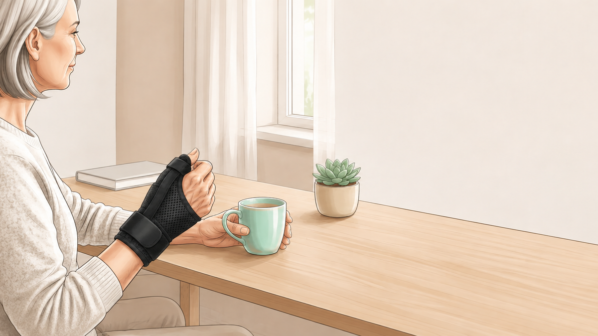 Oudere vrouw met een zwarte duimbrace om haar rechterhand, een kopje koffie vasthoudend