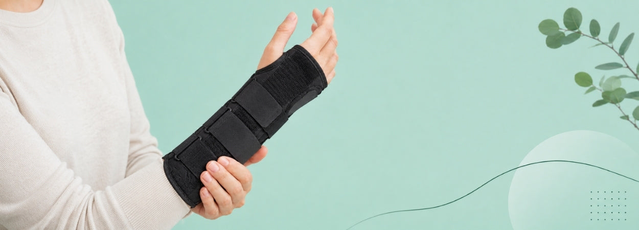 Persoon draagt een verlengde polsbrace ter ondersteuning van een overbelaste pols.