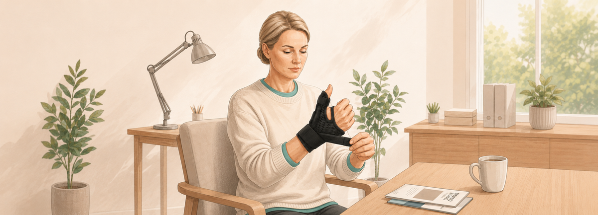Vrouw die een zwarte duimbrace aanlegt aan haar rechterhand