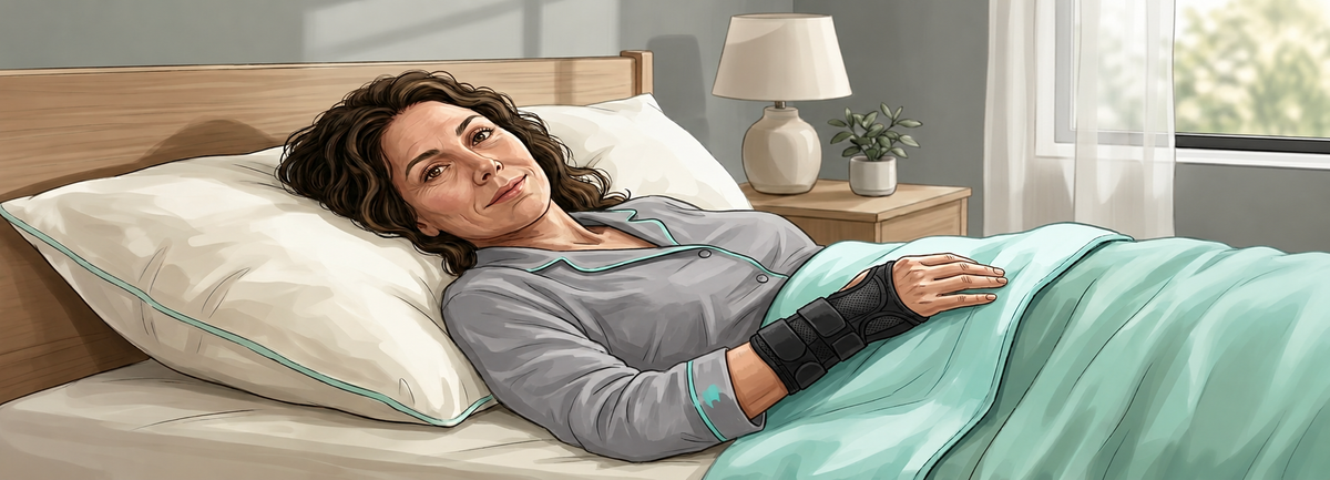 Vrouw ligt in bed met een polsbrace om haar rechterhand tijdens het slapen
