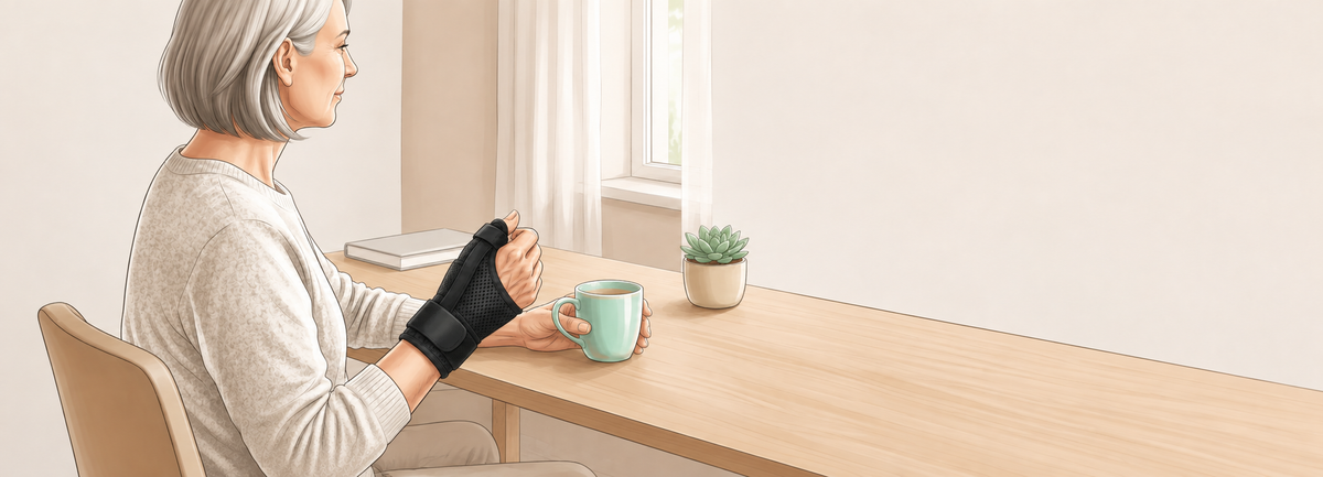Oudere vrouw met een zwarte duimbrace om haar rechterhand, een kopje koffie vasthoudend